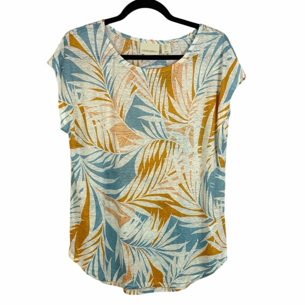 Cynthia Rowley 100% Linen Tropical Leaf Top Size Large Blue Mustard Coastal